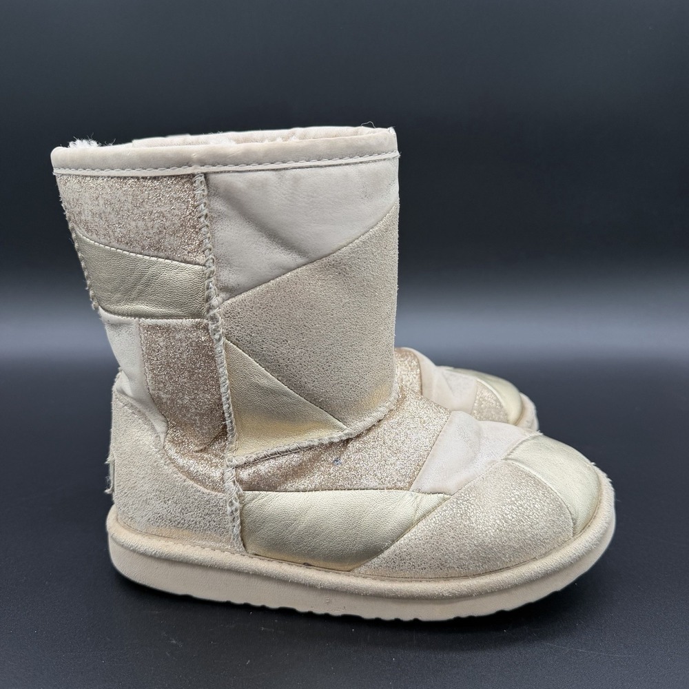 UGG Youth US Size 1 Classic Short II Patchwork Boots Leather Gold 1096431K